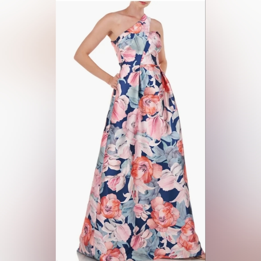 Kay Unger Navy One-Shoulder Floral Ball Gown with Pink & Coral Blooms